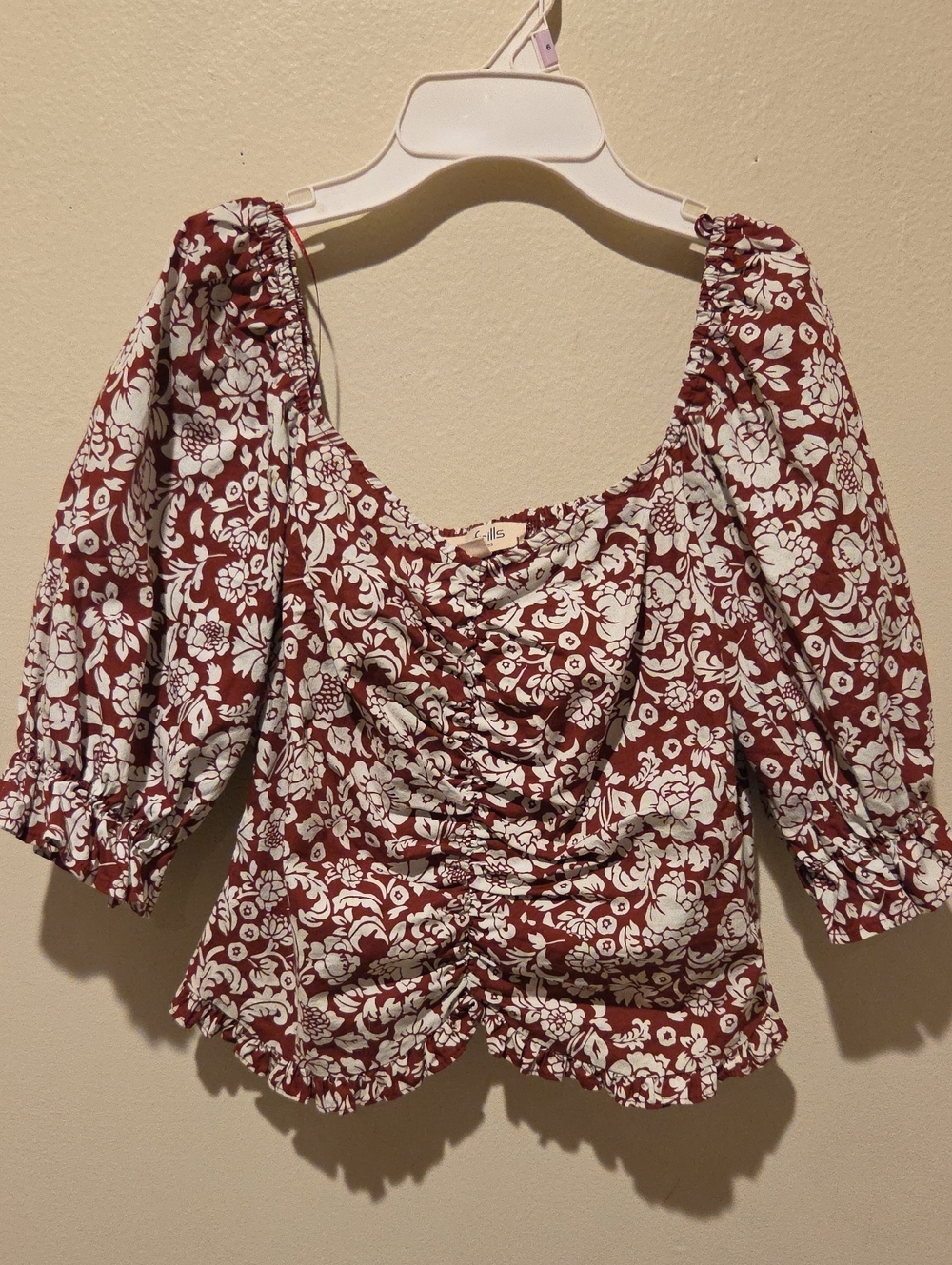 ❤️ NO FRILLS PUFF SLEEVE RUCHED COTTON FLORAL CROPPED TOP, LARGE